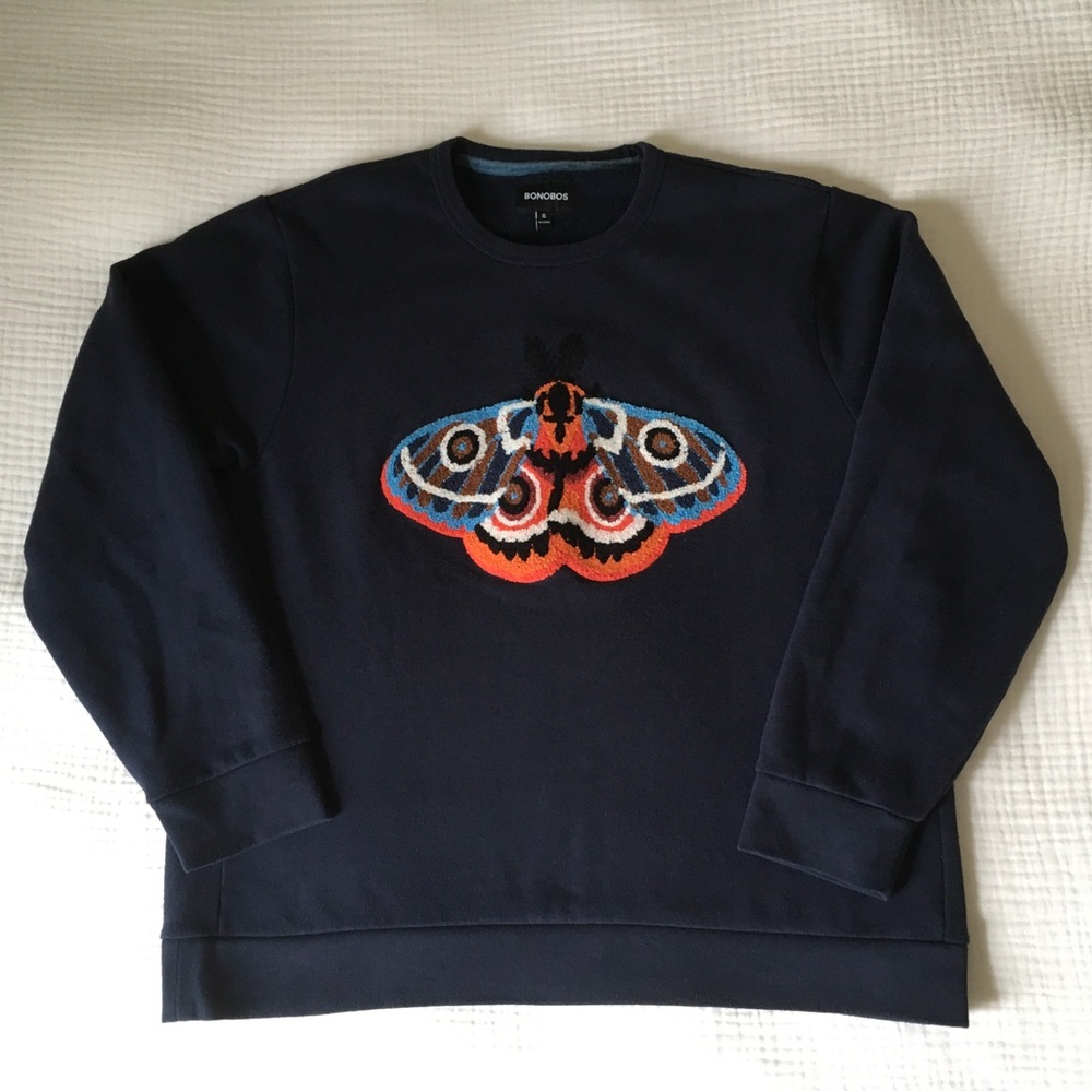 BONOBOS BOUCLÉ BUTTERFLY FLEECE CREWNECK SWEATSHIRT IN DARK BLUE XL